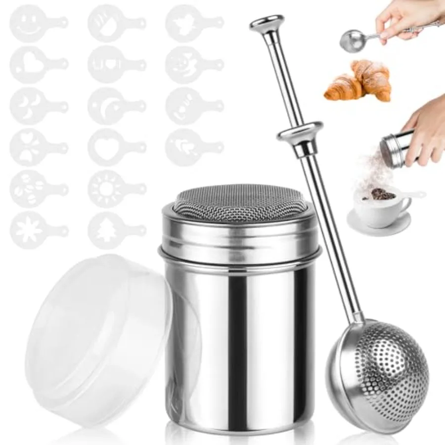 2 Pack Powdered Sugar Shaker Duster, Stainless Steel Cinnamon Sugar Shaker and Flour Duster Set, Spring Flour Sifter with 16Pcs