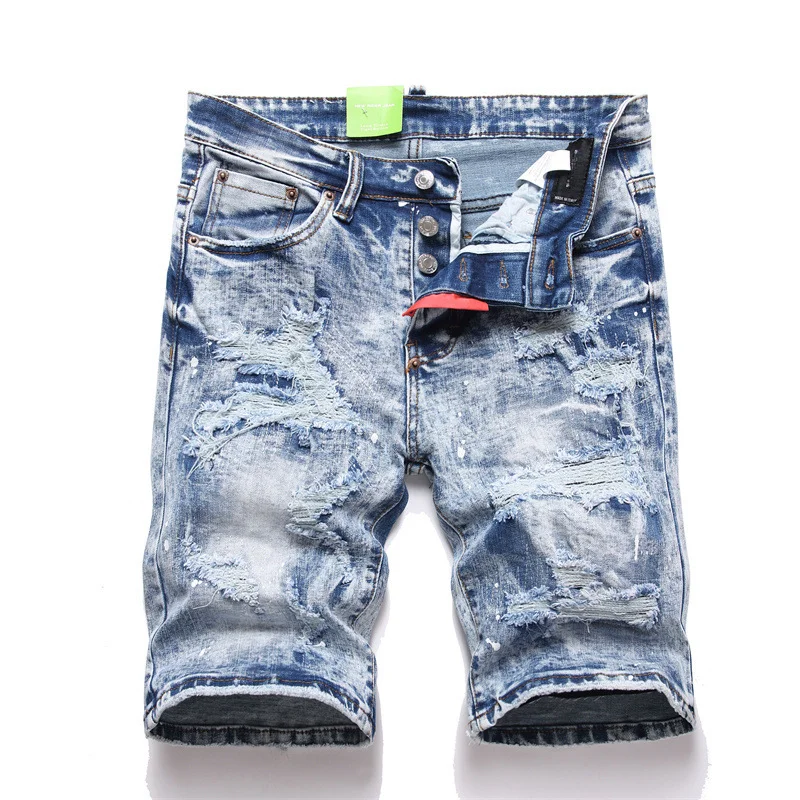 

New Summer Men Light Blue Denim Shorts Man Italian Style Ripped Jeans Shorts High Quality Male Straight Fit Denim Shorts Jeans