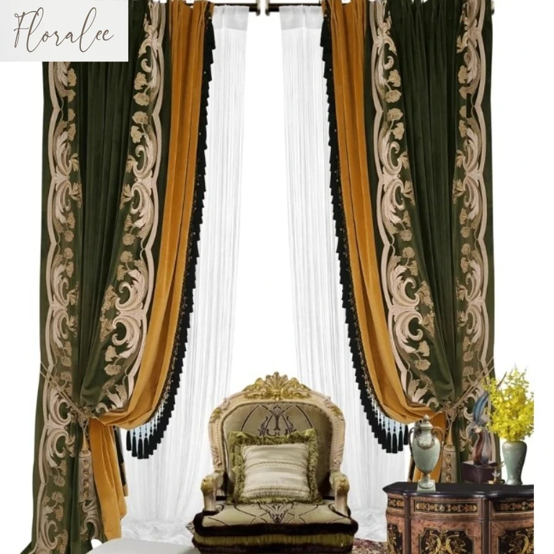 

American Curtains for Living Room High-end Luxury Retro Green Velvet High-end Bedroomblackout Curtains Villa High-window Custom