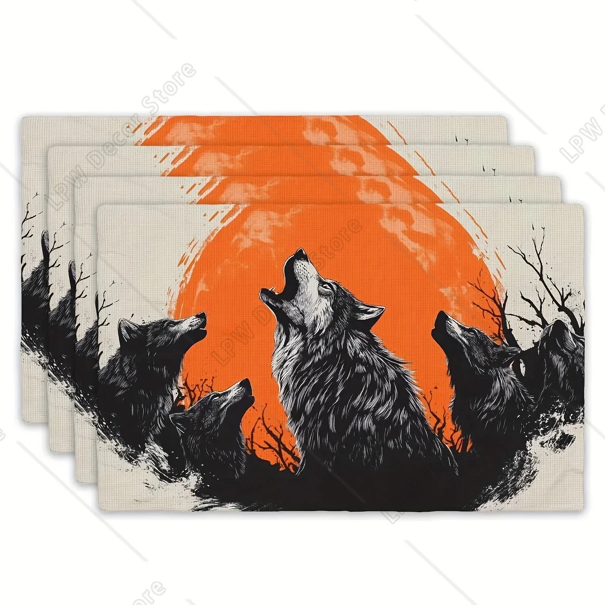 

4 шт. салфетки Howl At The Moon Wolf 12x18 дюймов, полиэстеровые прямоугольные коврики для стола с ярким оранжевым небом и Howling Wolf