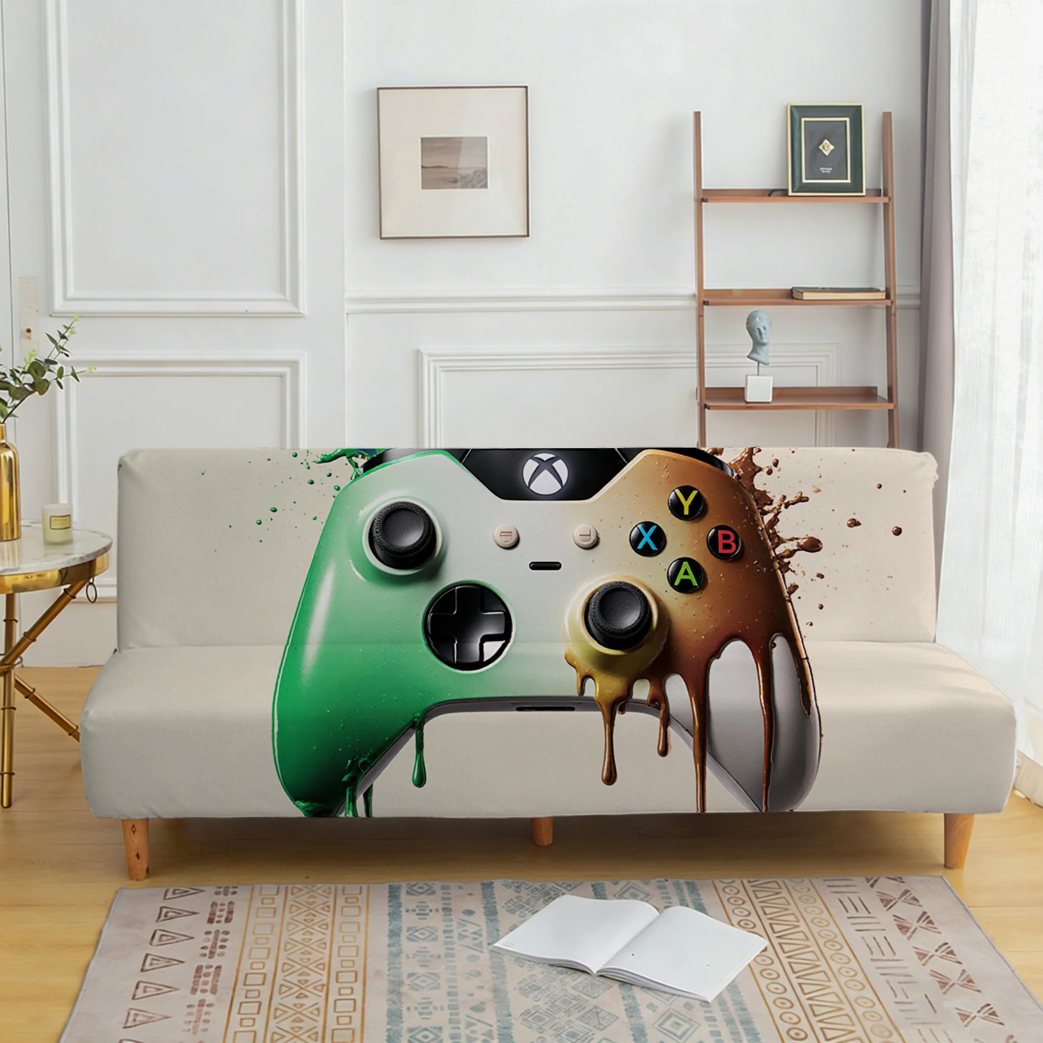 Green-brown melted gamepad elastic sofa cover, living room sofa cover, dustproof washable sofa cover