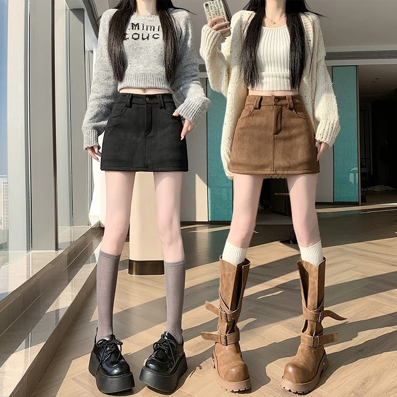 

High Waist Leather Skirt Women's A-Line Wrap around Skirt Anti-Light Walking Autumn Winter New Sle Retro Hot Girl Skirt