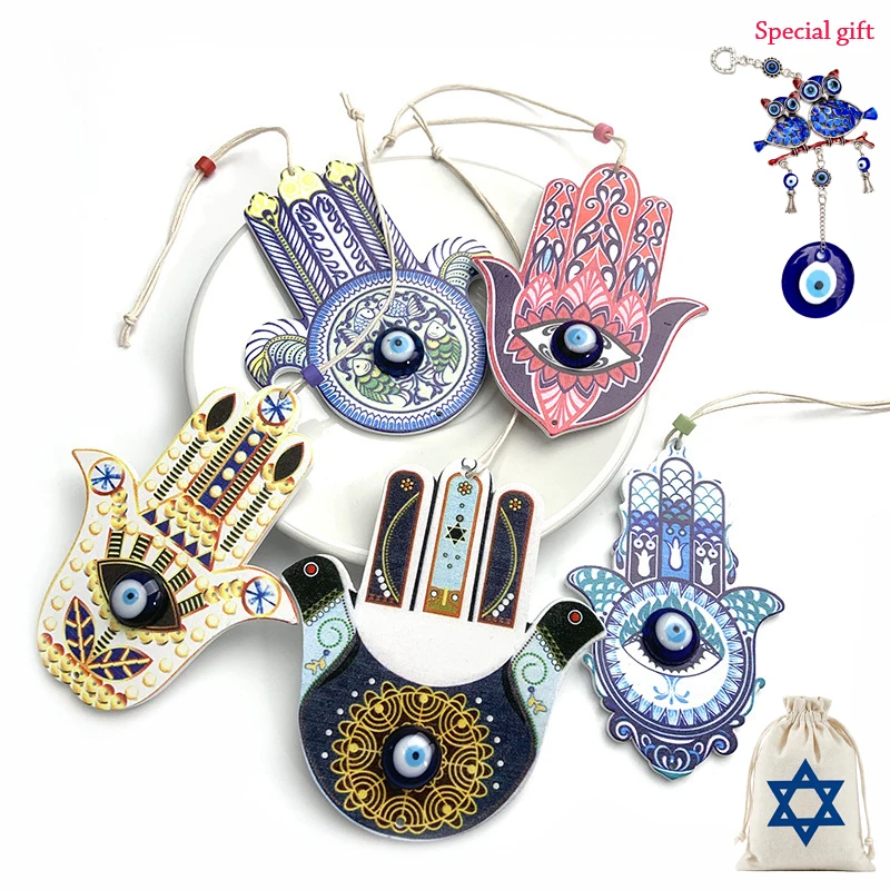5Pcs Wood Hamsa Hand Evil Eye Car Rearview Mirror Hanging Decor Star of David Gift Bag Protection Amulet Jewish Home Wall Art