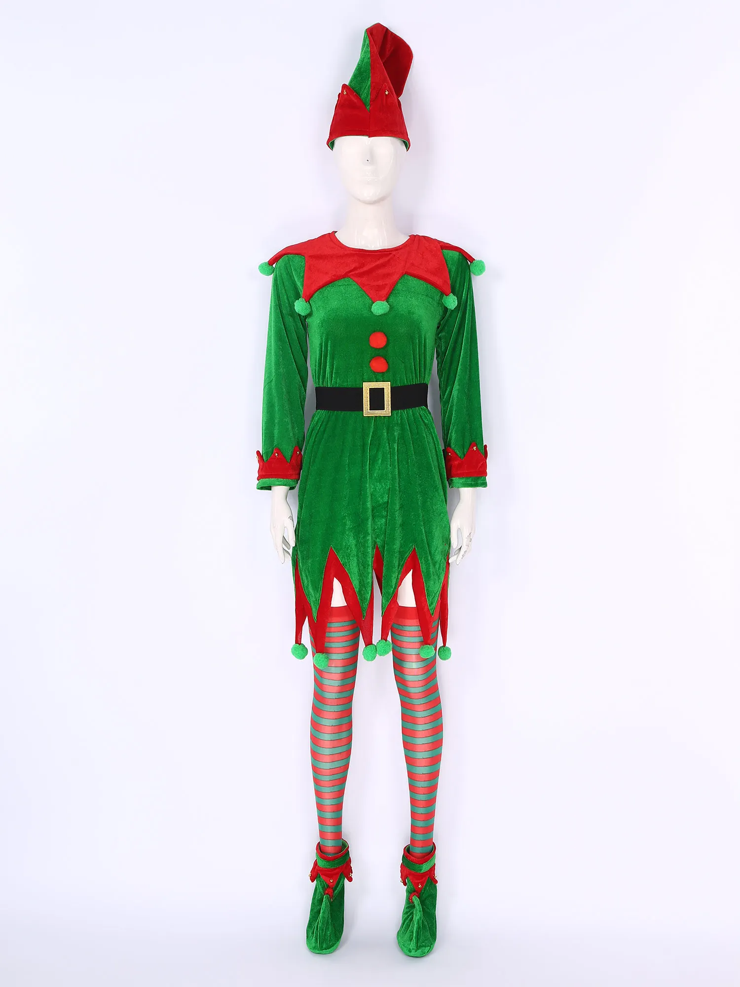 Adult Unisex Christmas Outfit Xmas New Year Party Elf Cosplay Costume Dress with Ears Xmas Hat Belt Shoes Striped Stockings Set