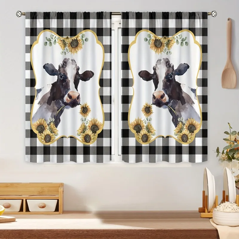 Set of 2 Farmhouse Kitchen Curtains Sunflower Farm Animals Rustic Black and White Buffalo Plaid Curtains Home Bedroom Decor