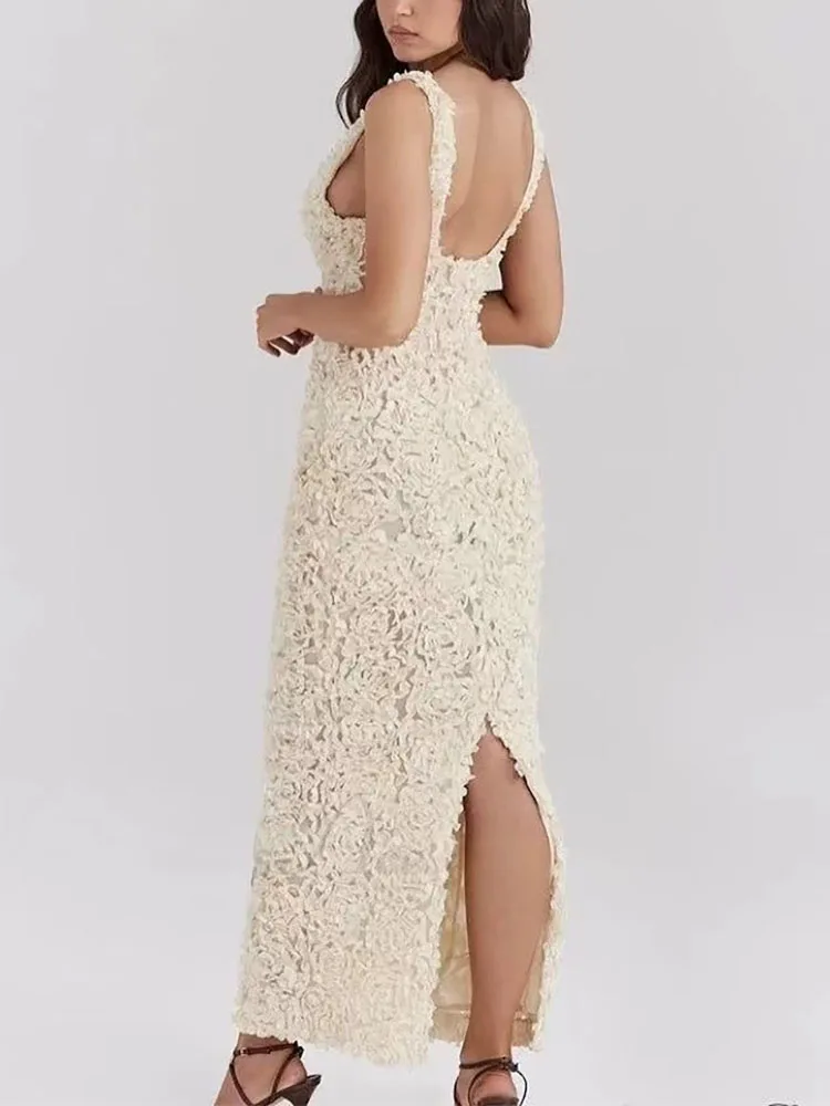 Social socialite vest style V-neck dress sweet and spicy style private dress 3D three-dimensional flower solid color dress