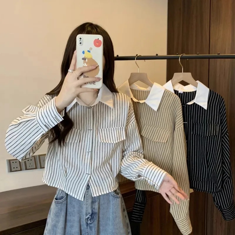 

Women's Striped Long Sve irt ort Design Korean Sle Collar Button up Loose Fit Spring Autumn 2023 New Arrival