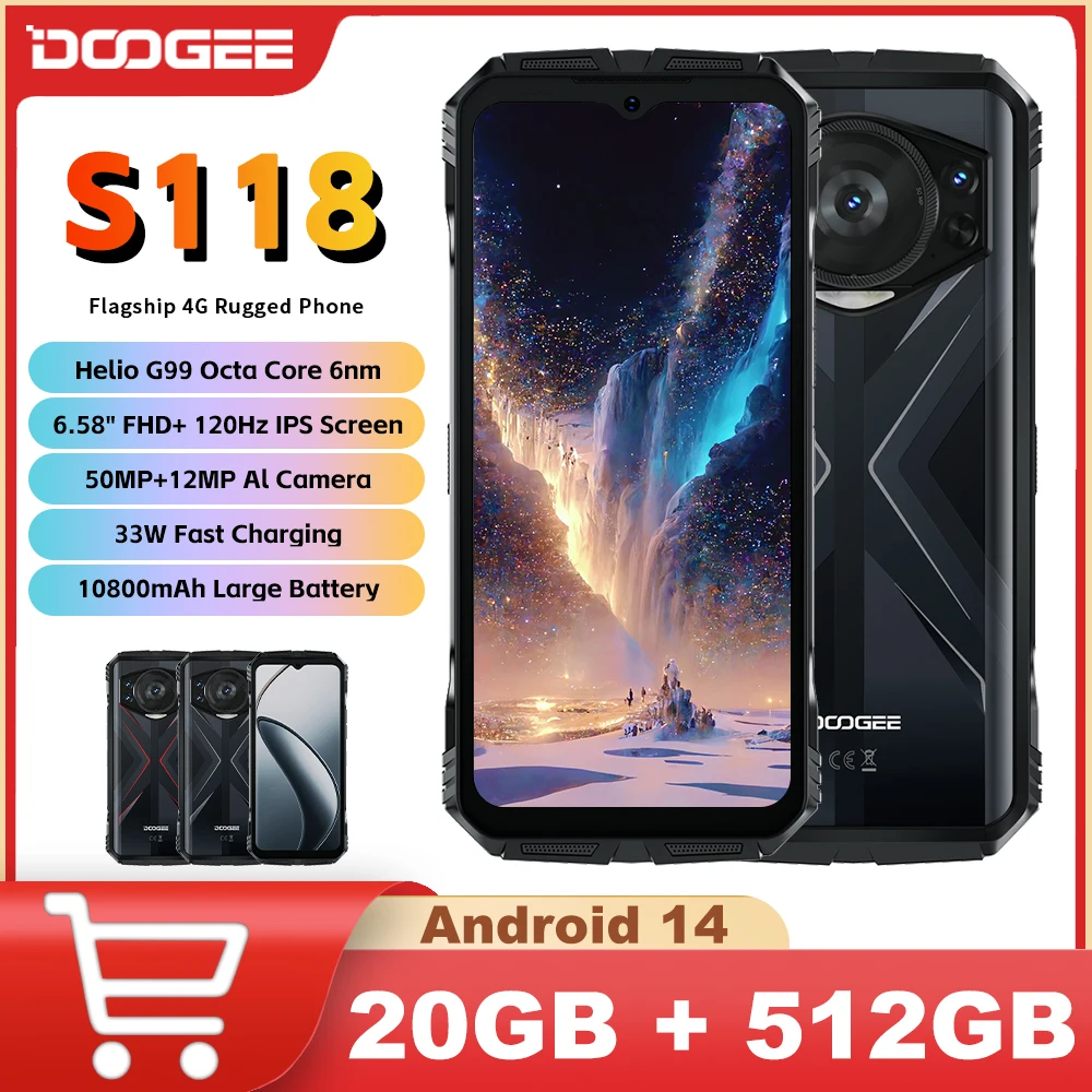 DOOGEE S118 견고한 휴대폰, 12GB + 512GB, 6.48 인치 FHD + 디스플레이, 10800mAh 33W 고속 충전 Helio G99 50MP 카메라, NFC 스마트폰 안드로이드