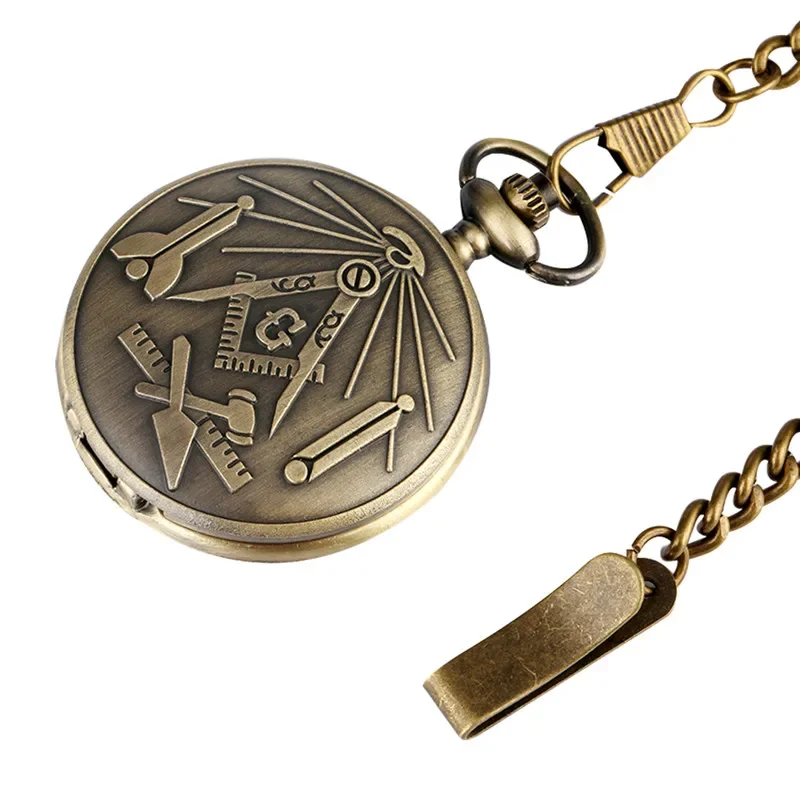 

Antique Bronze G Masonic Theme Men Women Analog Quartz Pocket Watch FOB Chain Arabic Numerals Display Portable Timepiece Gift