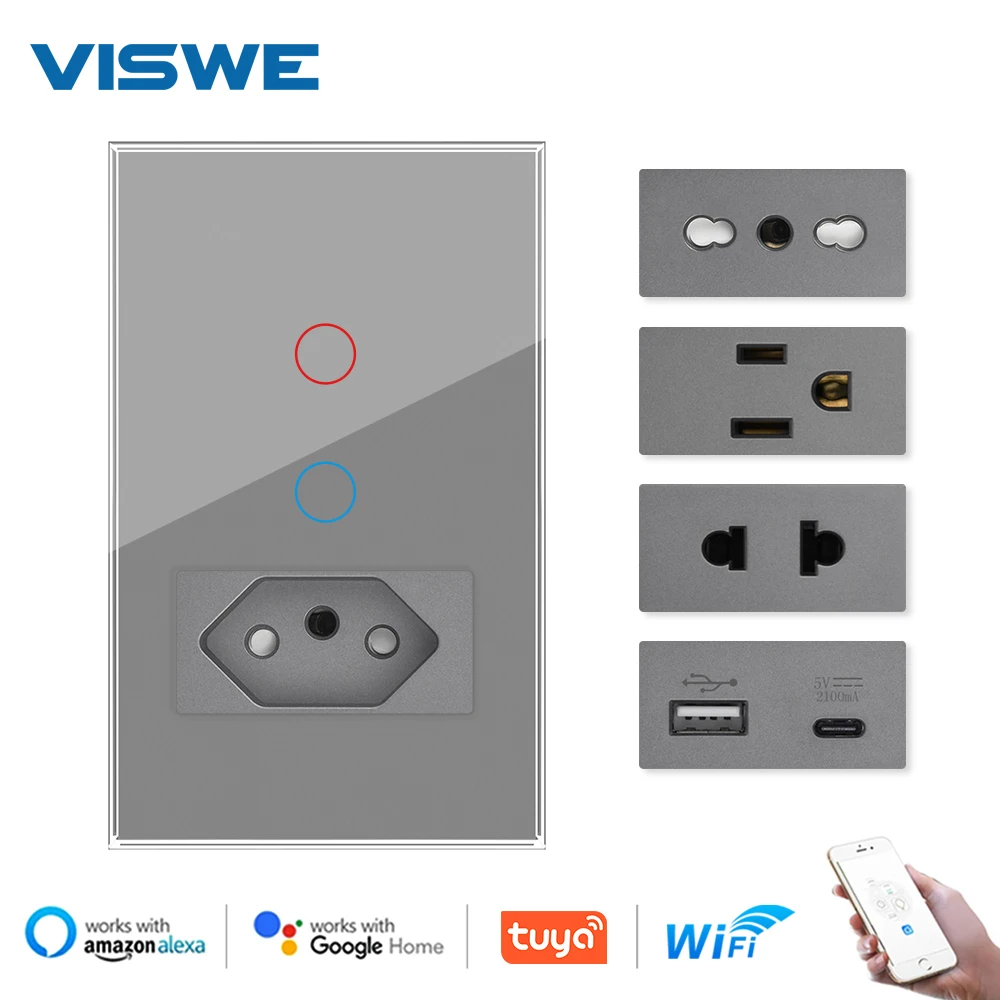 VISWE Wifi switch 1/2gang and BR/US socket, 118*72mm Tempered Glass Panel, Tuya smart switch Google Home/Alexa