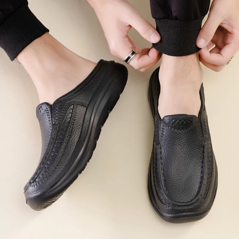 Summer slippers garden clogs waterproof and non-slip chef shoes light plus size comfortable black leather shoes outdoor slippers view 3