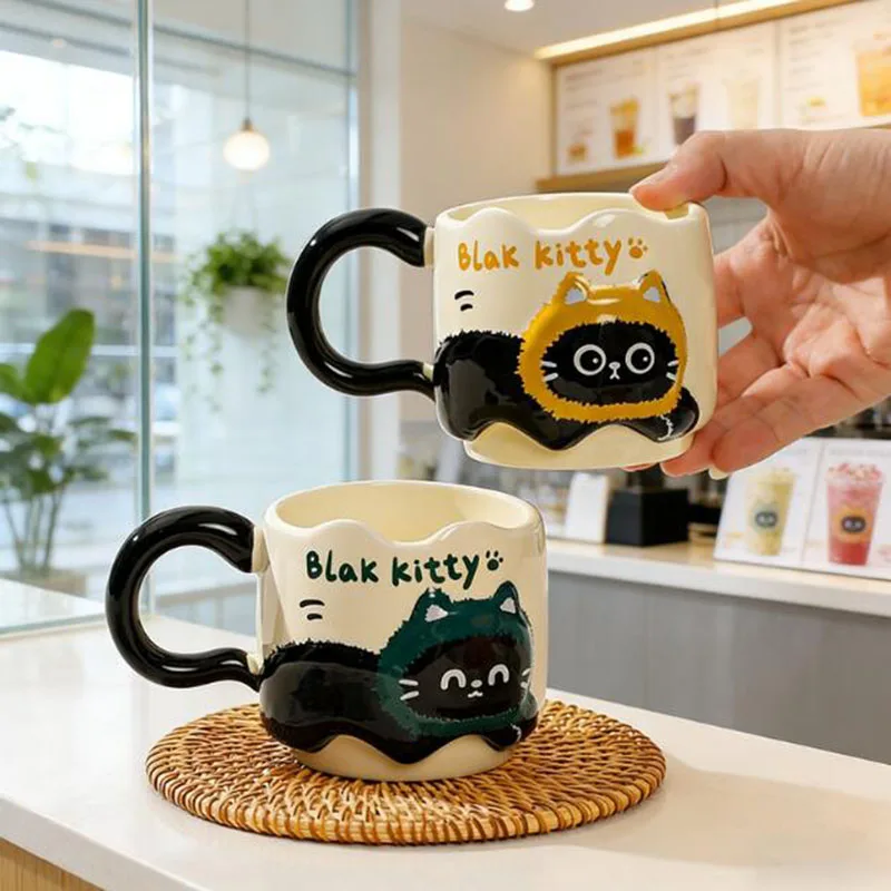 Cartoon Cat Stacked Cups Creative Couple Coffee Mug Breakfast Milk Cup Cat Tail Shape Handle Cup Kitchen Drinkware