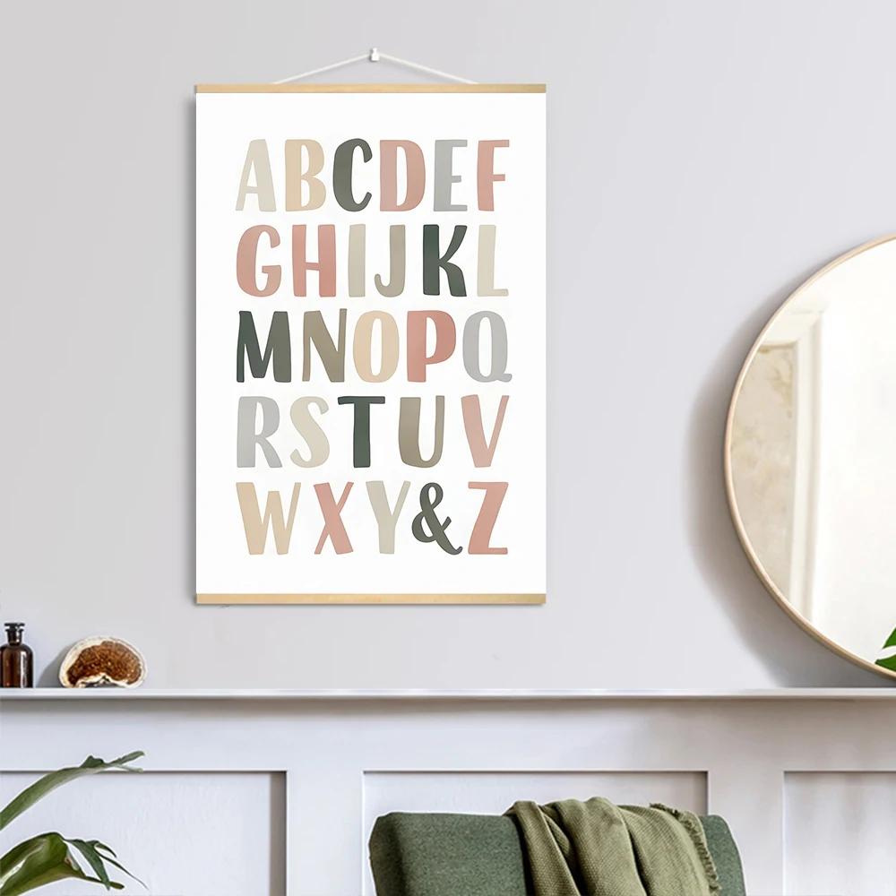Educational Solid Wood Posters Alphabet Number Shape Colors Scroll Nursery Wall Art Nordic Posters and Prints Kids Room Decor
