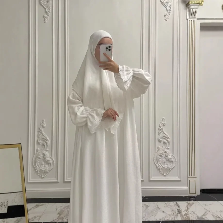 Eid Djellaba เจียมเนื้อเจียมตัวสวดมนต์เสื้อผ้าผู้หญิงมุสลิมชุดลูกไม้ Abaya ดูไบ Kaftan Ramadan ตุรกีอิสลาม Jalabiya Kebaya Caftan Robe