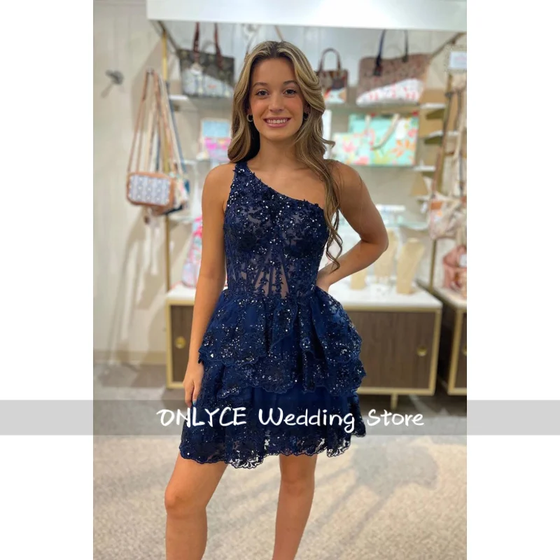 Gorgeous Homecoming Dress Prom Formal Occasions A Line One Shoulder Backless Sleeveless Short Fishbone Shaping With Lace view 6