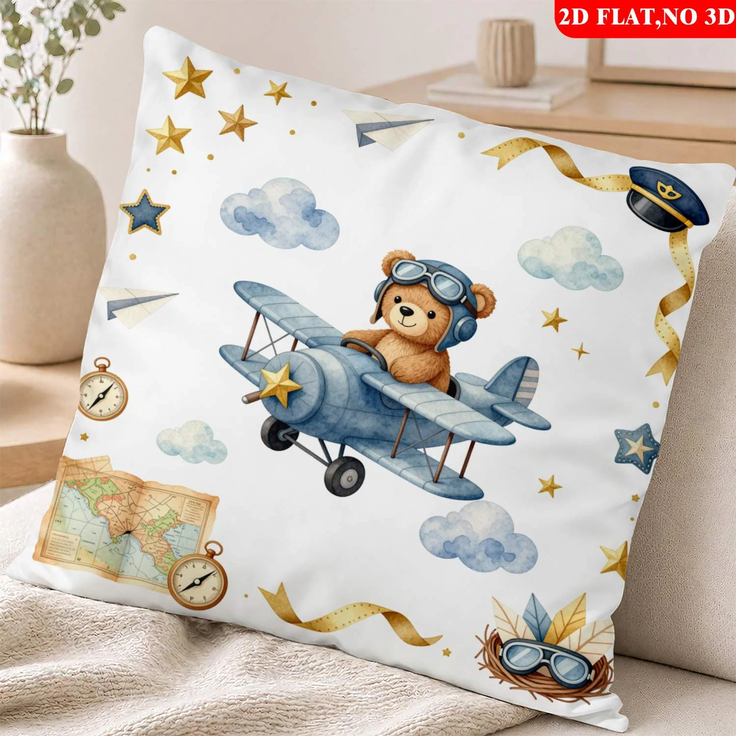 1pc Pilot Teddy Bear Throw Pillow Cover Watercolor Airplane Adventure Nursery Decor Cushion Case for Kids Bedroom