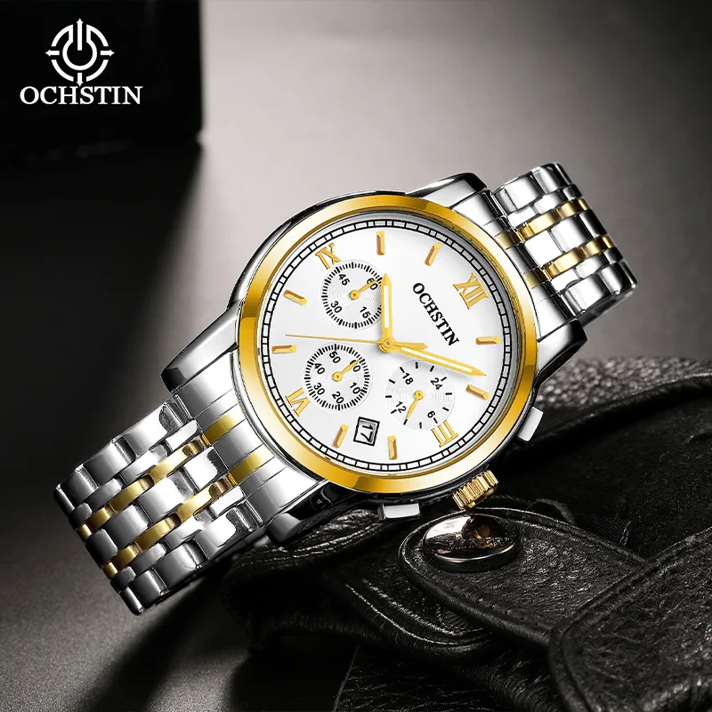 

OCHSTIN мужские наручные часы из нержавеющей стали, кварцевые часы, мужские водонепроницаемые светящиеся ручные хронографы, роскошные классические часы