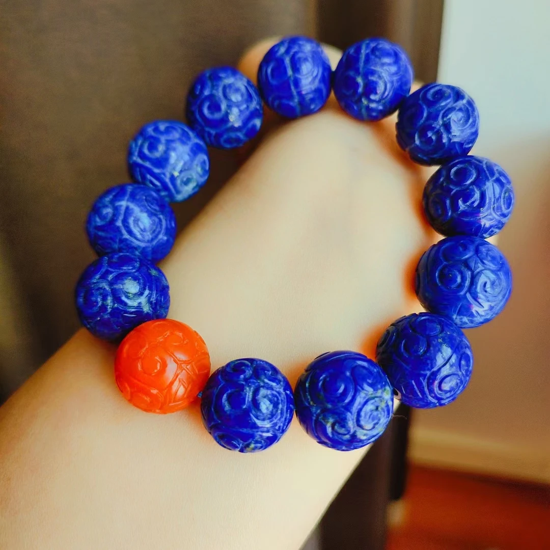 Natural Blue Lapis Lazuli Carved Bracelet Women Men 16mm Round Beads Lapis Lazuli Red Agate Jewelry AAAAAA