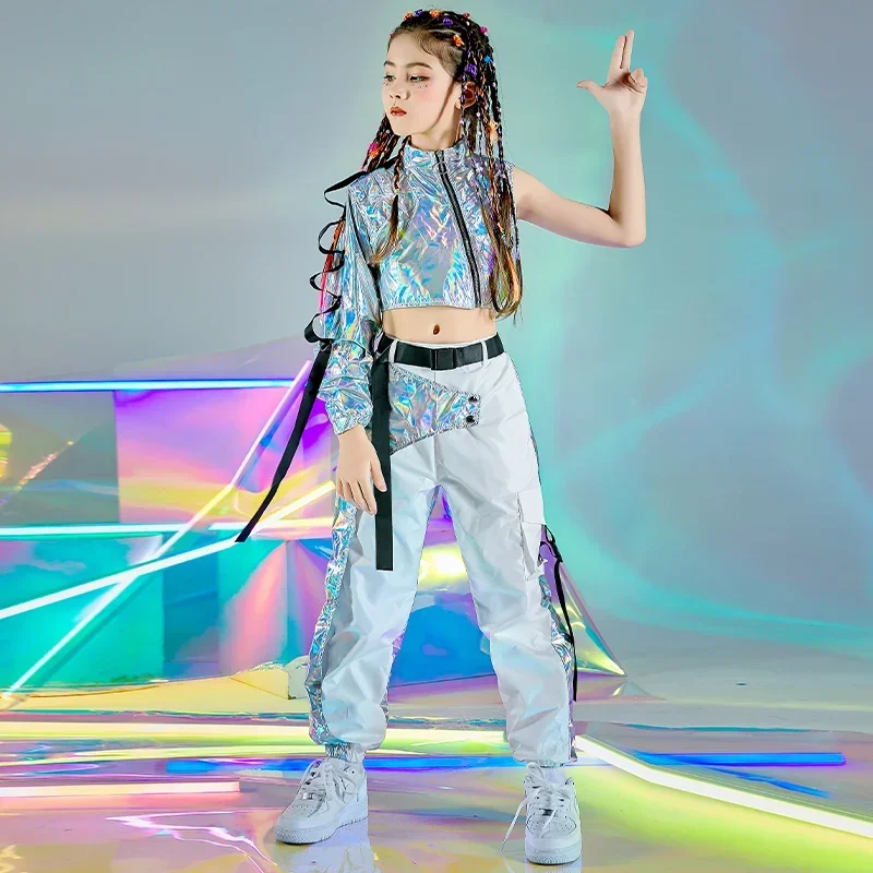 

Festival Crop Tops Cargo Pants Catwalk Show Costume PU Hip-Hop Dance Clothes Reflective Rave Outfit Girl Sets Jazz Dancewear