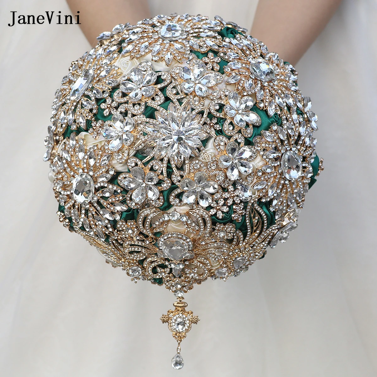 JaneVini Luxury Rhinestones Bridal Bouquets Artificial Dark Green Satin Roses Crystals Jewelry Expensive Wedding Flowers Bouquet