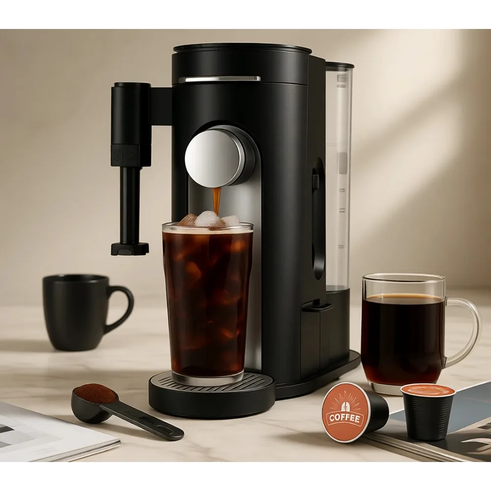 Single Serve Coffee Maker for Pods and Grounds Four Brew Styles Up to 24oz 56oz Water Tank Black