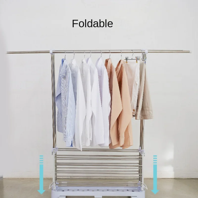 Aço inoxidável móvel Folding Clothes Rack, Cremalheira multifuncional 4-Section, Double-Rod Wing Storage