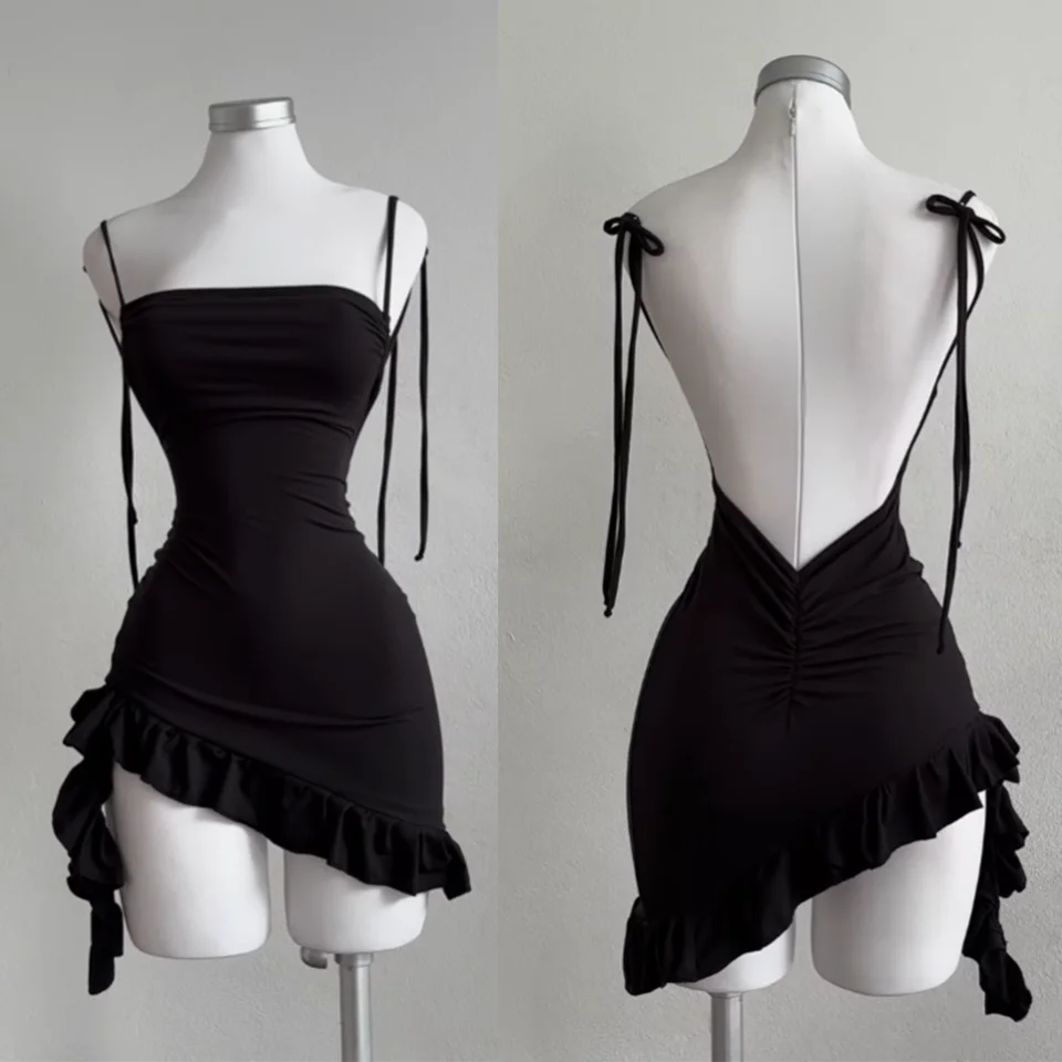 Vestido Mini Sin Mangas y Espalda Descubierta Sexy 2025 para Mujer, Verano Europa América, Encaje Ajustado, Vestido Negro para Fiesta y Club