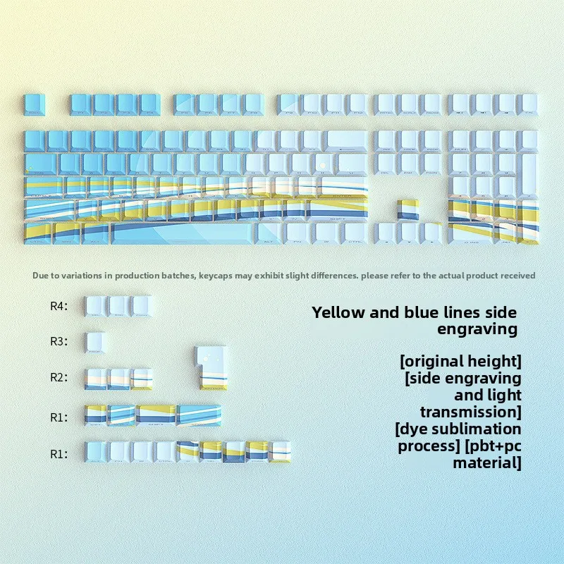 Keycaps PBT Dye-sub Garis Kuning & Biru 128PCS Mini Full Set Dapat Disesuaikan dengan Cetak Samping Backlit Profil OEM