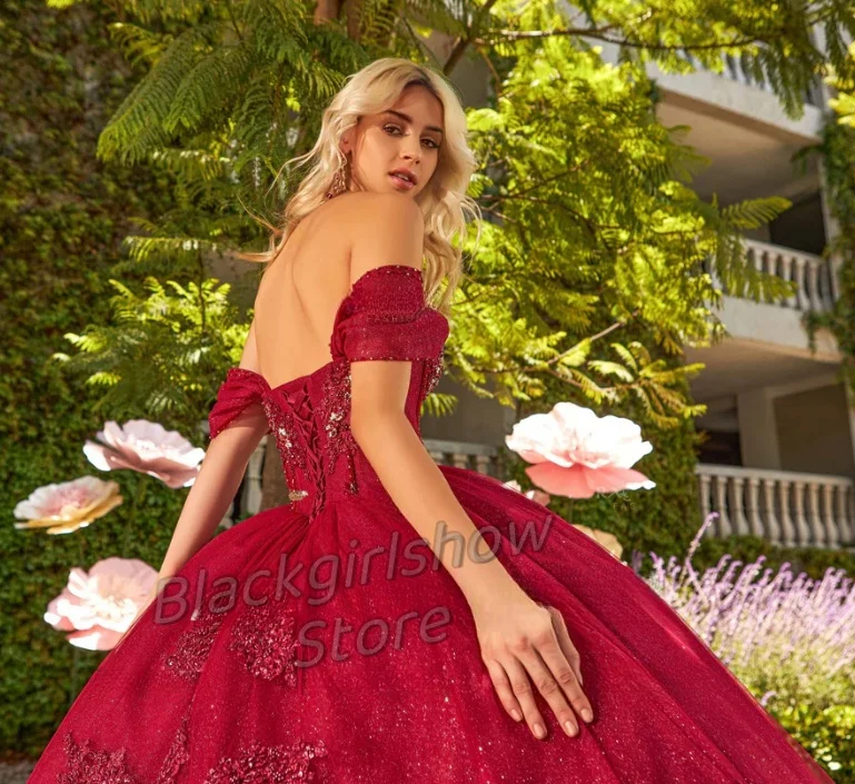 Red Quinceanera Dresses Luxury Elegant One-shoulder Crystal Applique Tulle See-through Back Bow Tie Vestidos Verano Moda 2024