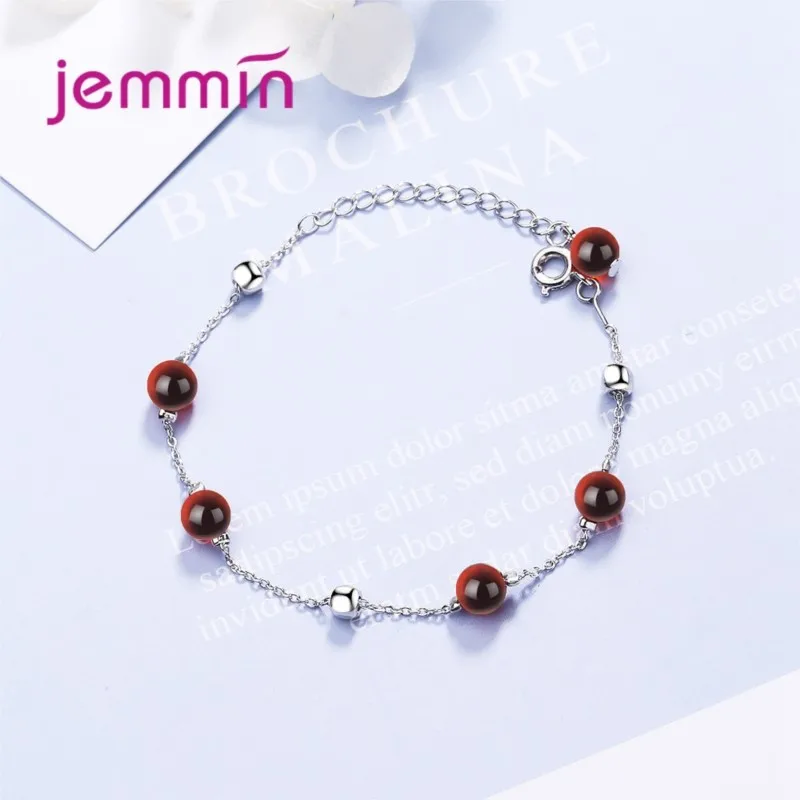 Hot New Design Women 925 Sterling Silver Red Opal Stone Ball Bracelet Lovely Charms for Girls Jewelry Gift with Extension Chain