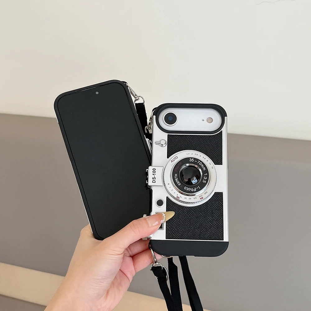 Camera Pattern Crossbody Lanyard Rope Phone Case For iPhone 18 17 16 15 14 13 12 11 Pro Max Soft Shockproof Silicone Cover Girls