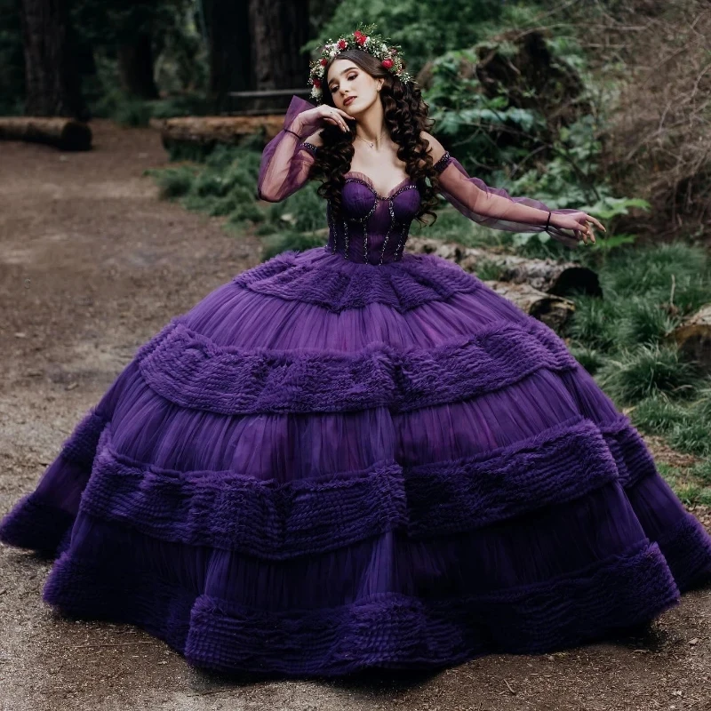 

Purple Off The Shoulder Quinceanera Dress For Sweet Girl Beaded Crystal Tull Graduatin Party Prom Dress vestidos de 15 años