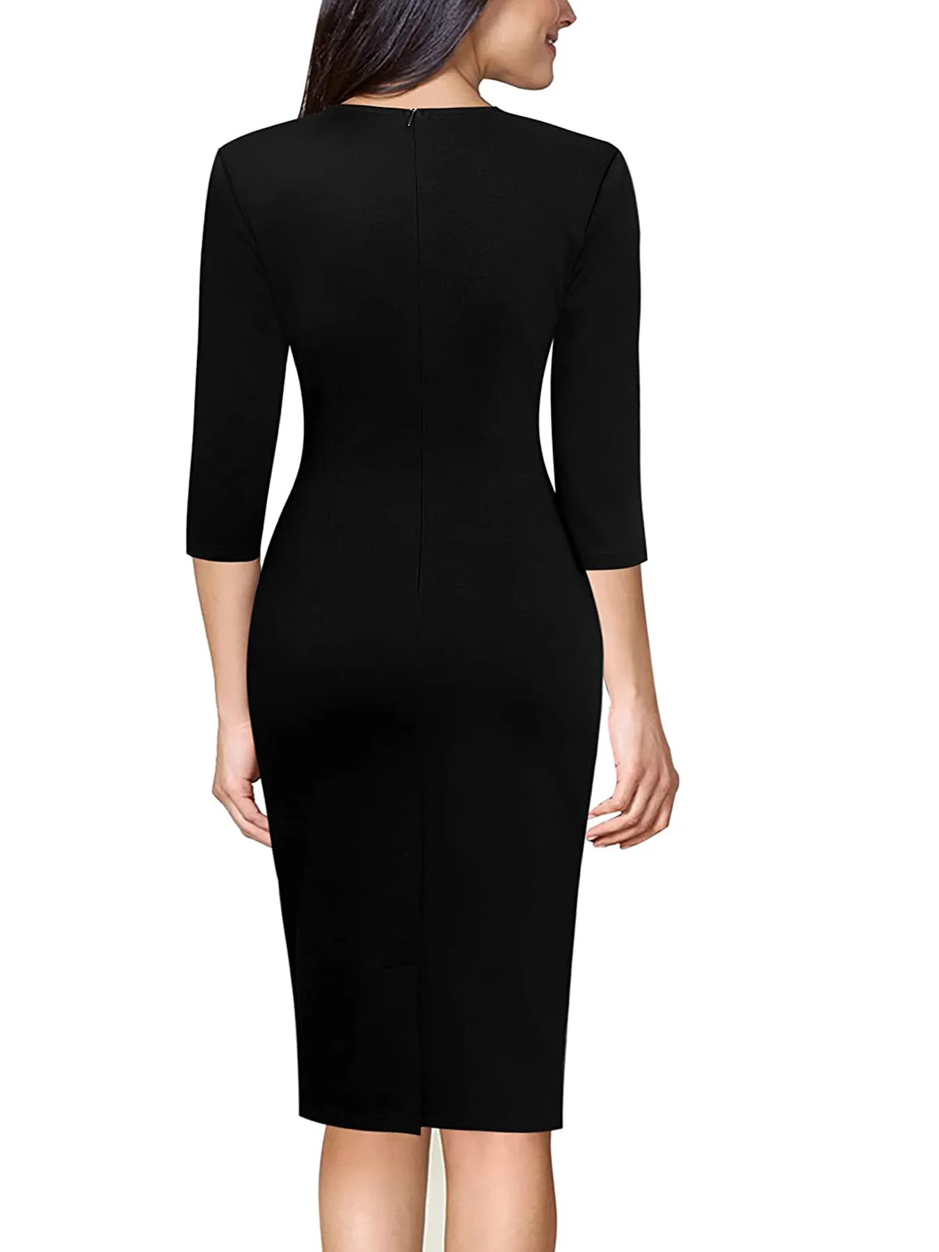 Elegantes Business-Kleid für Damen mit V-Ausschnitt, 3/4-Ärmeln, knielang, figurbetont, geometrischem Print und Patchwork-Design für Herbst und Büro – Detail 5