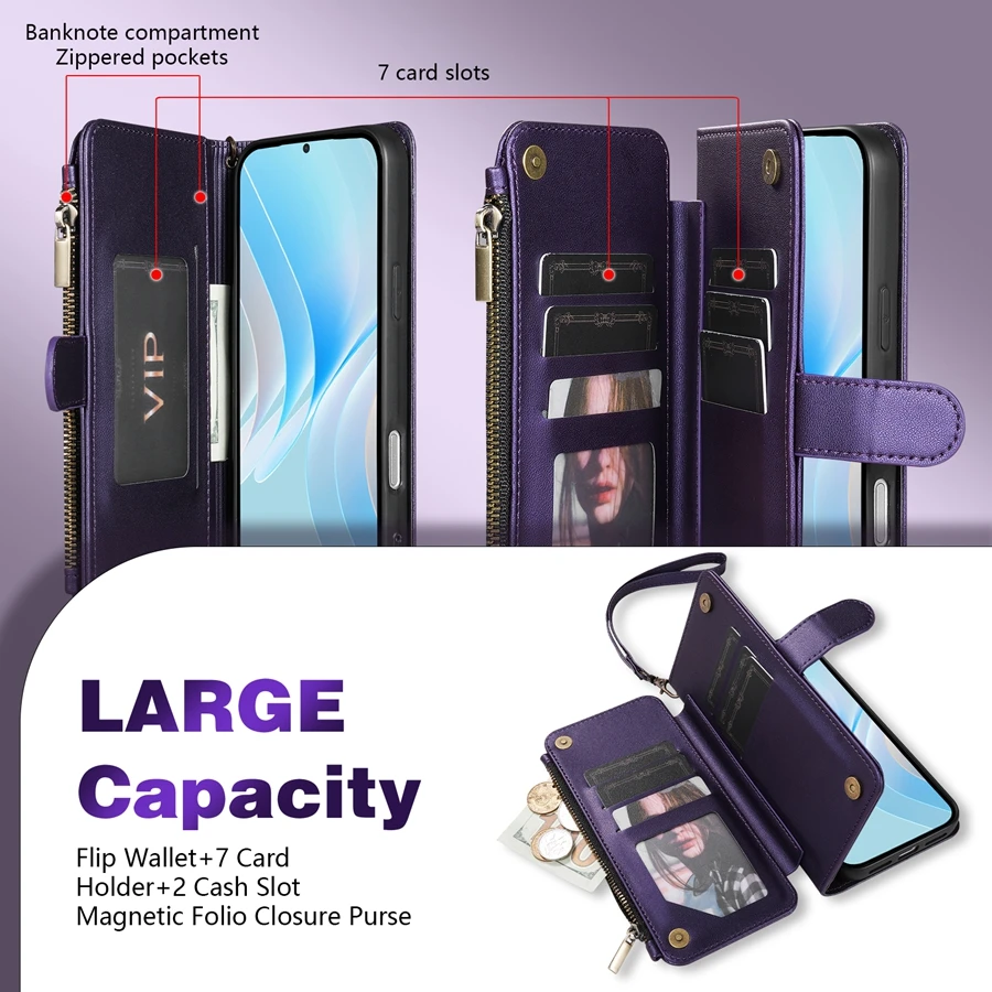 Brieftaschen-Hülle mit Mehrfach-Kartenfächern, Reißverschluss, Standfunktion und Magnetverschluss aus Leder für Samsung Galaxy S26 Ultra S25 FE S24 Plus S23 S22 S21 S20 – Detail 11