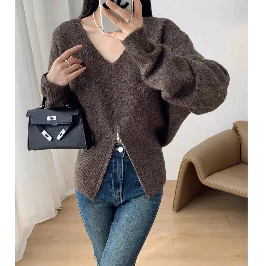 

Women Knitted Pullovers Jumpers Solid Sweater Zipper Slit V Neck Long Sleeve Loose Office Lady Elegant Casual Autumn Winter 2025