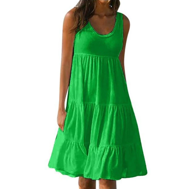 فستان نسائي قصير غير رسمي متين 2024 صيفي أنيق بدون أكمام وكشكشة فستان قصير فضفاض لحفلات الشاطئ فستان الشمس ملابس خروج كبيرة الحجم #3