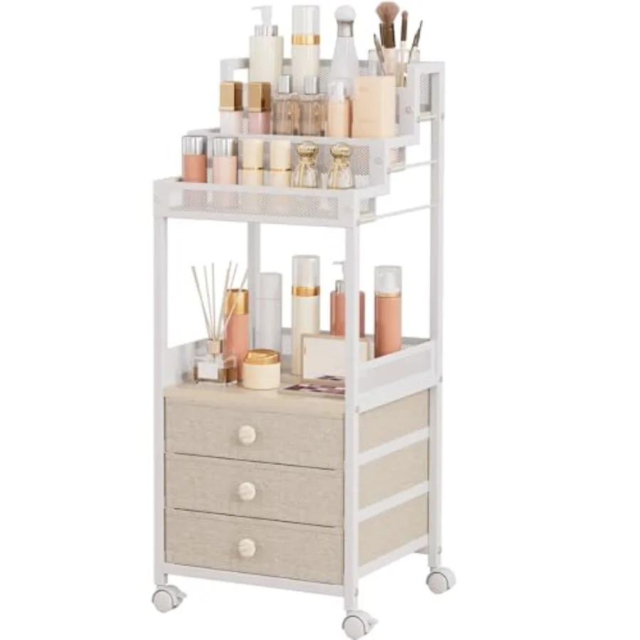 Makeup Organizer Storage Cart with Drawers 13 Inch Large Rolling Skincare Organizer Cart 3-Tier Vanity Organizer Stand for Cosm