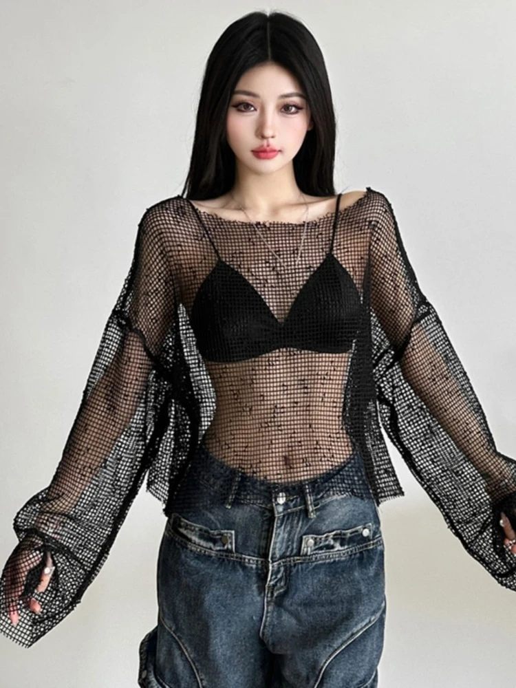 Y2k Aesthetic Fishing Net Sun Protection Casual T-shirt Women Hollow Out Cropped Tshirts Summer Harajuku Grunge Oversized Tops