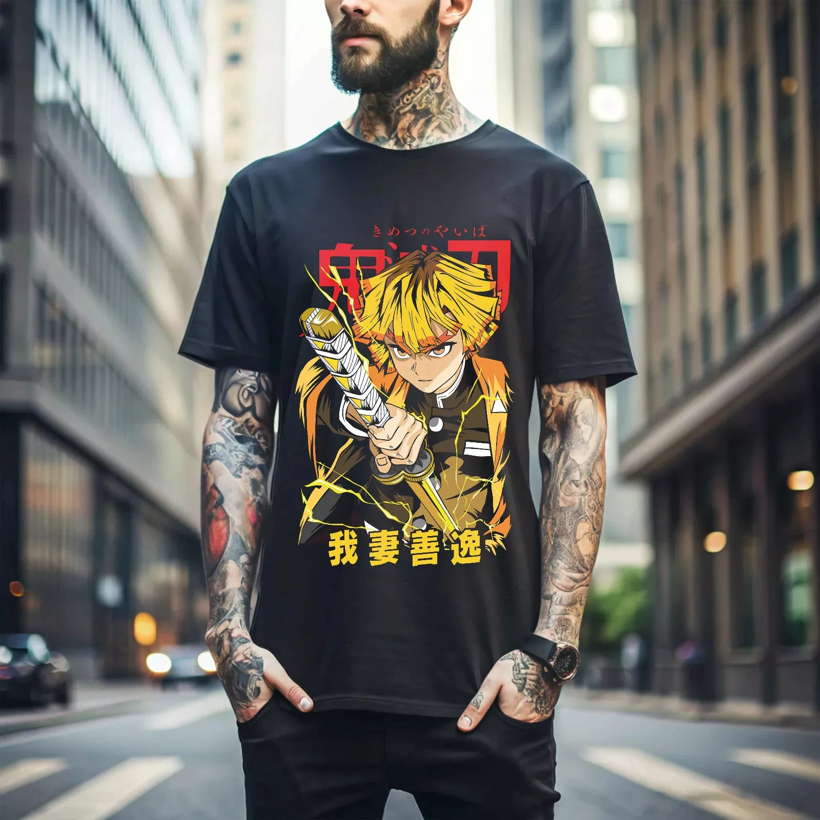 

Men's Demon Slayer Animation Agatsuma Zenitsu‌ T-shirt Unisex Cotton Short Sleeve Stylish and Casual Streetwear Oversized