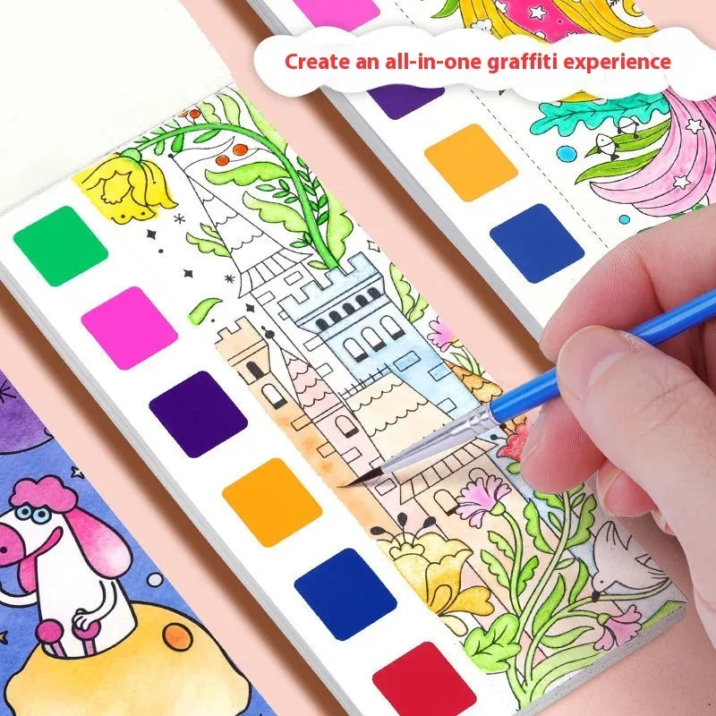 Portable Kids Watercolor Painting Book Paint With Water Gouache Graffiti Picture Coloring Books Brush Set Drawing Kids Toys Gift