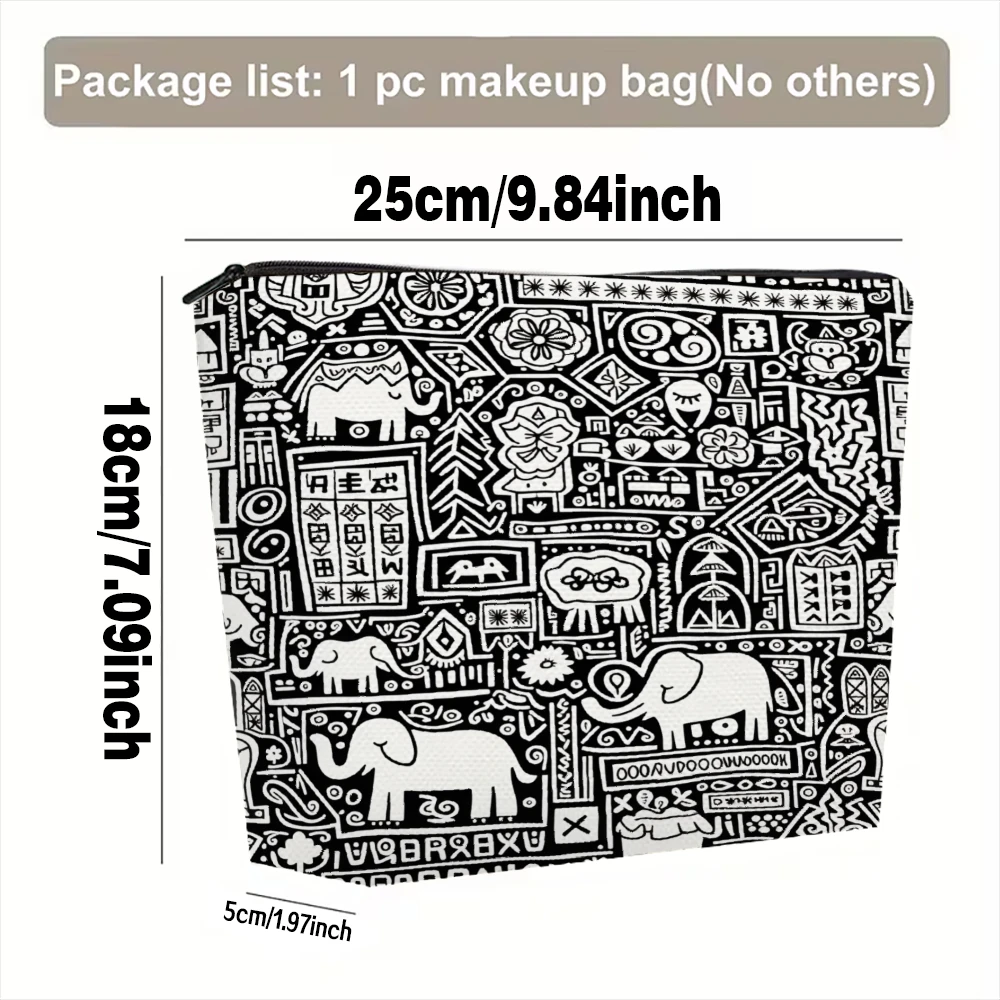 Black And White Tribal Elephant Pattern Makeup Bags for Girls Cosmetic Pouch Toiletry Bag Pencil Case Travel Storage