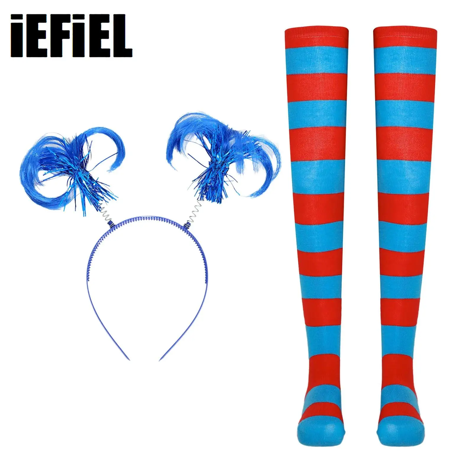 

Womens Clown Party Supplies Halloween Accessories Ponytail Wig Headwear And 2 Pair Striped Thigh High Stockings Costume