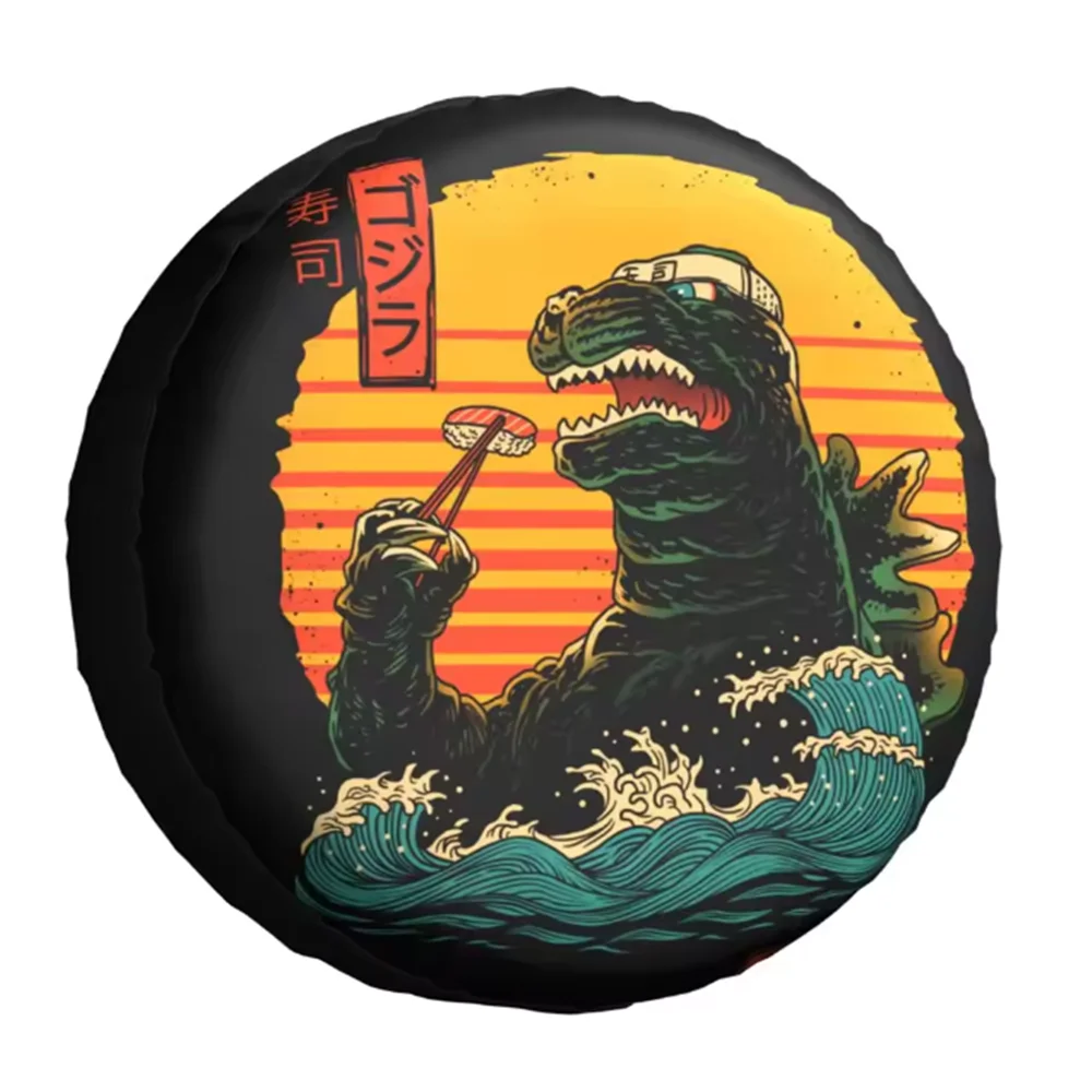 1 X Car Pu Leather Spare Tire Cover Dinosaur Jurassic Park World Retro King Of Sushi For Honda Toyota Land Rover Kanagawa Wave