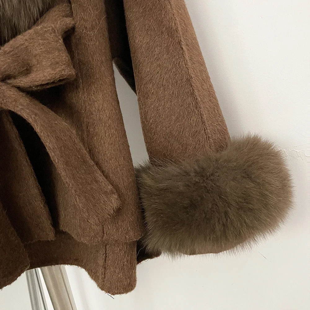 OFTBUY Luxuriöser Echtfuchs-Pelzkragen Wollmantel für Damen Neue Herbst-Winter-Kleidung mit Natürlichem Pelzgürtel 100% Wollmantel für Frauen – Detail 6