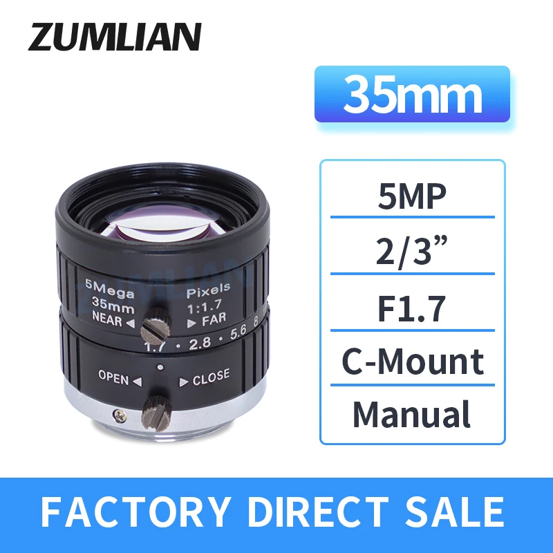 ZUMLIAN 35mm Lens Camera Lens 2/3 Inch Industrial Inspection FA C-Mount F1.7 Manual Iris 5MP CCTV Surveillance Cameras