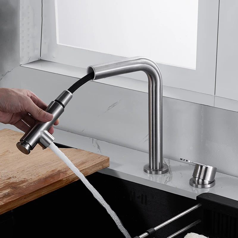 304 Stainless Steel Pull-out Kitchen Sink Faucet Lift Concealed Hot And Cold Mixed Water Faucet Double Hole Single Handle Tap