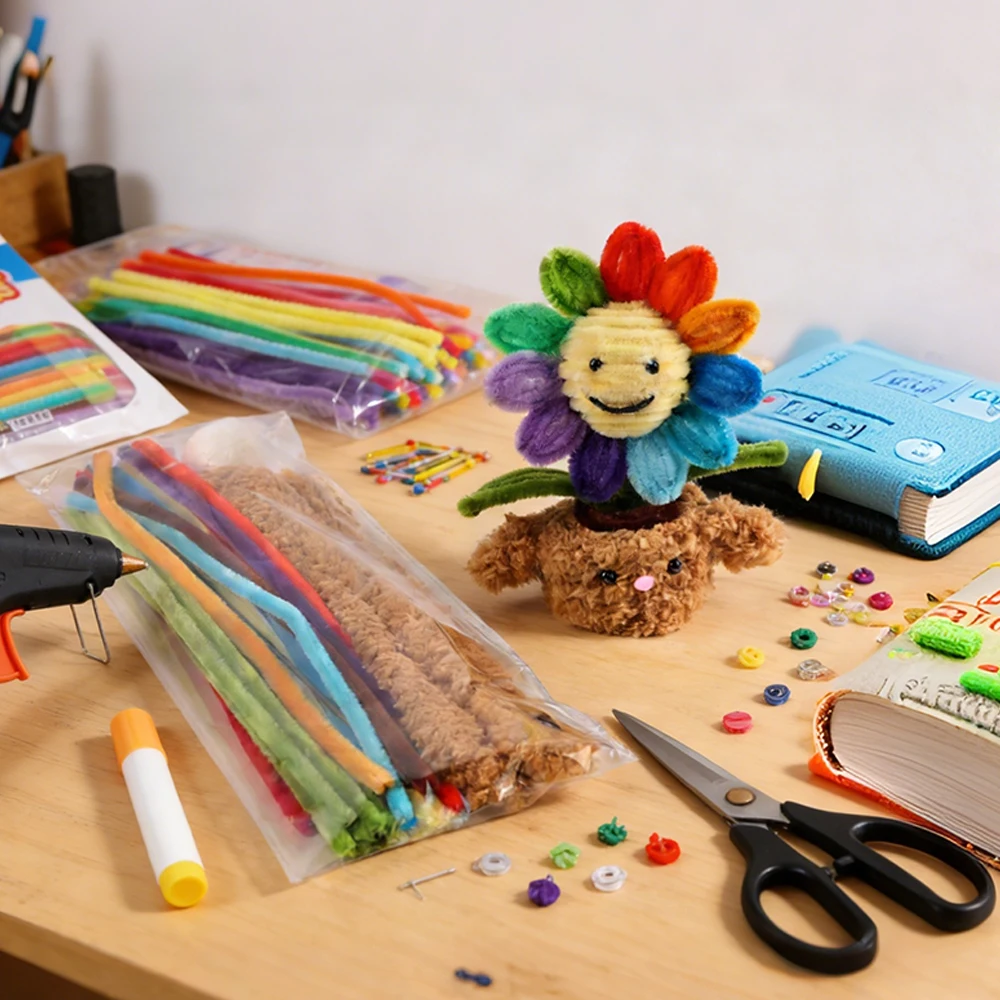 DIY Smiley Sunflower with Rainbow Center Colorful Plush Tubular Cleaner Coral Fleece Handmade Kit