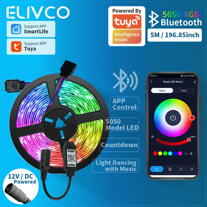 Tuya Smart Life LED Light Strip Bluetooth Control DC12V 5M SMD 5050 54LEDs/M Flexible Rope Lamp For Desktop Screen TV BackLight