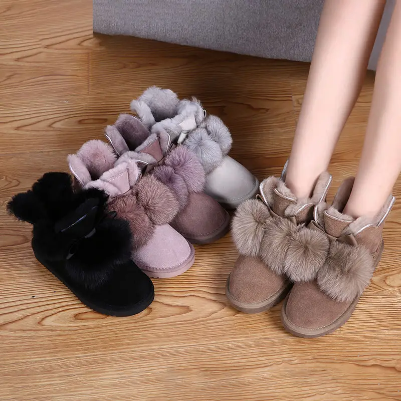 G&Zaco Women Sheep Wool Boots Genuine Leather Ball Fox Fur Snow Boots Shoes Cowskin Sheep Fur Boots Flat Warm Winter Shoes