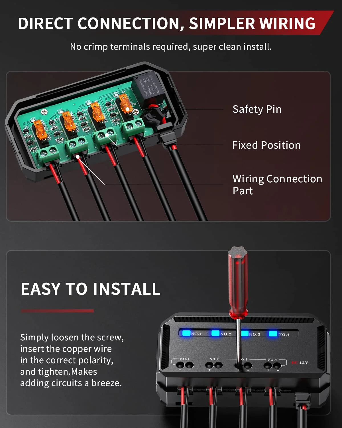 Anchtek 12V Motorcycle Fuse Box Universal Automotive Fuse Block with 4 Circuits Low Profile Mini Blade LED Indicator Fuse Holder